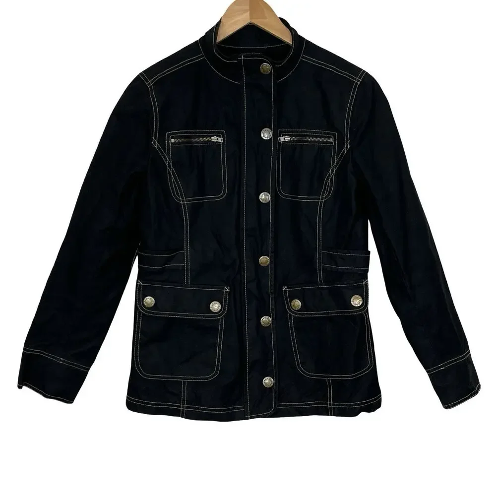 Boden Waxed Cotton Jacket Black Contrast Stitch Utility Pockets Size 10 - Picture 2 of 16